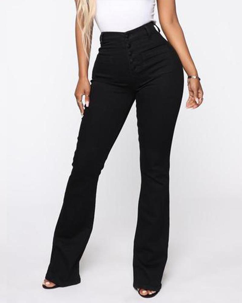 Women Button Fly Booty Shaping High Waist Flare Jeans-Pinkami