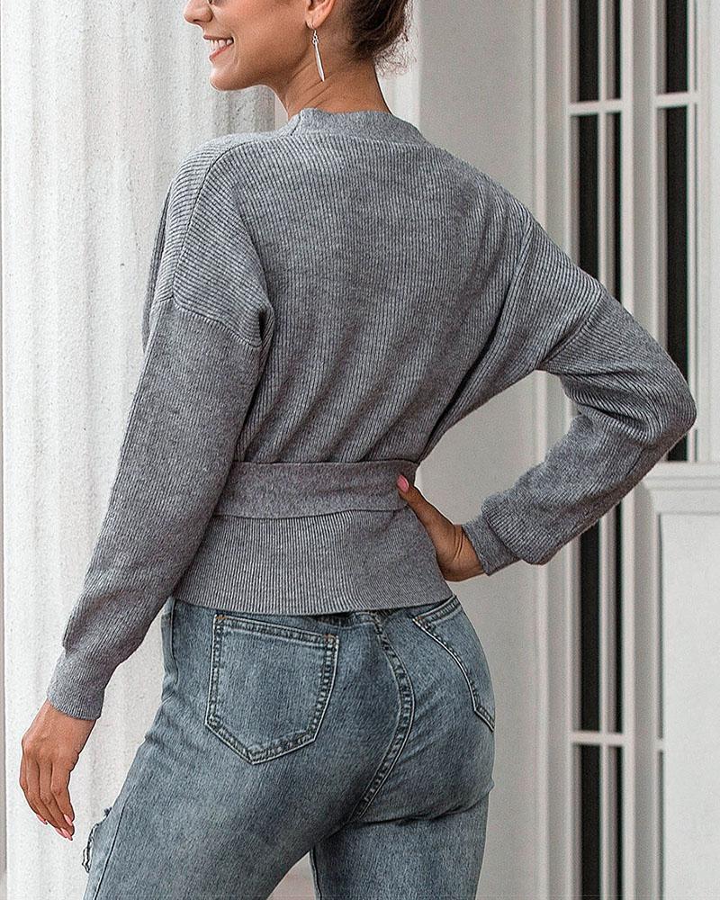 Rib-knit Belted Decor Button Trim Surplice Neck Sweater-Pinkami