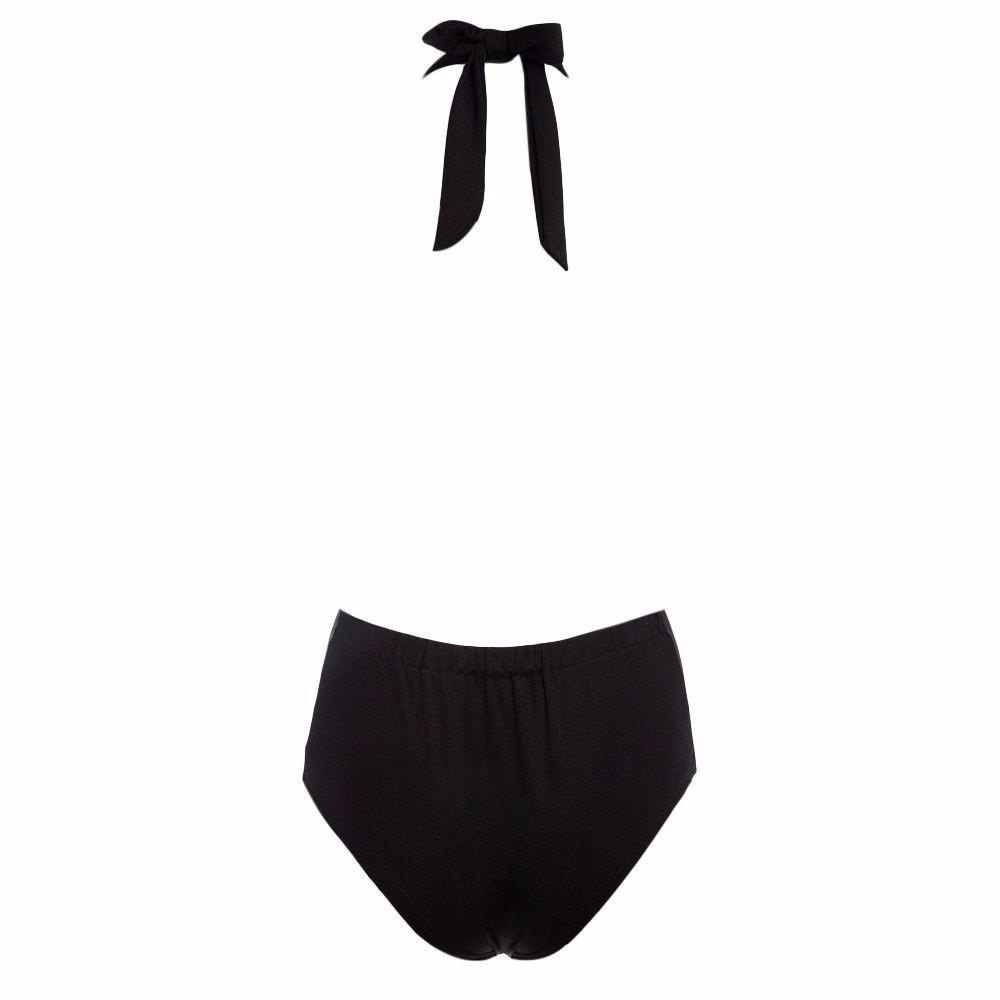 Black Halter Hollow Out Floral Lace-up Sheer Mesh Lace Bathing Suit-Pinkami