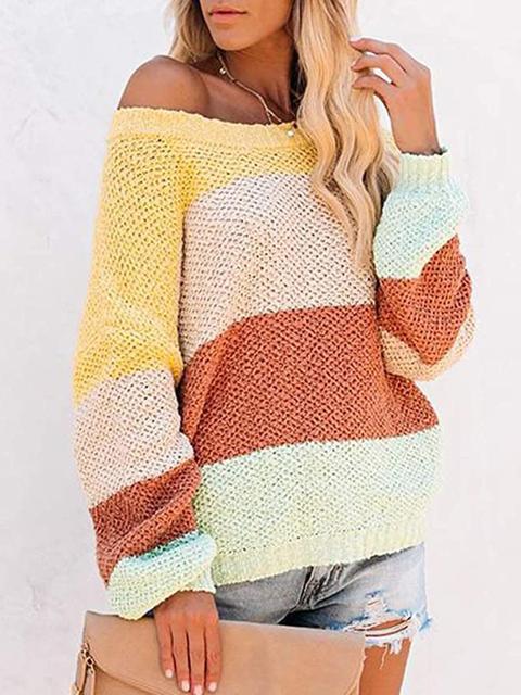 Color Block Off-shoulder Lightweight Sweater-Pinkami