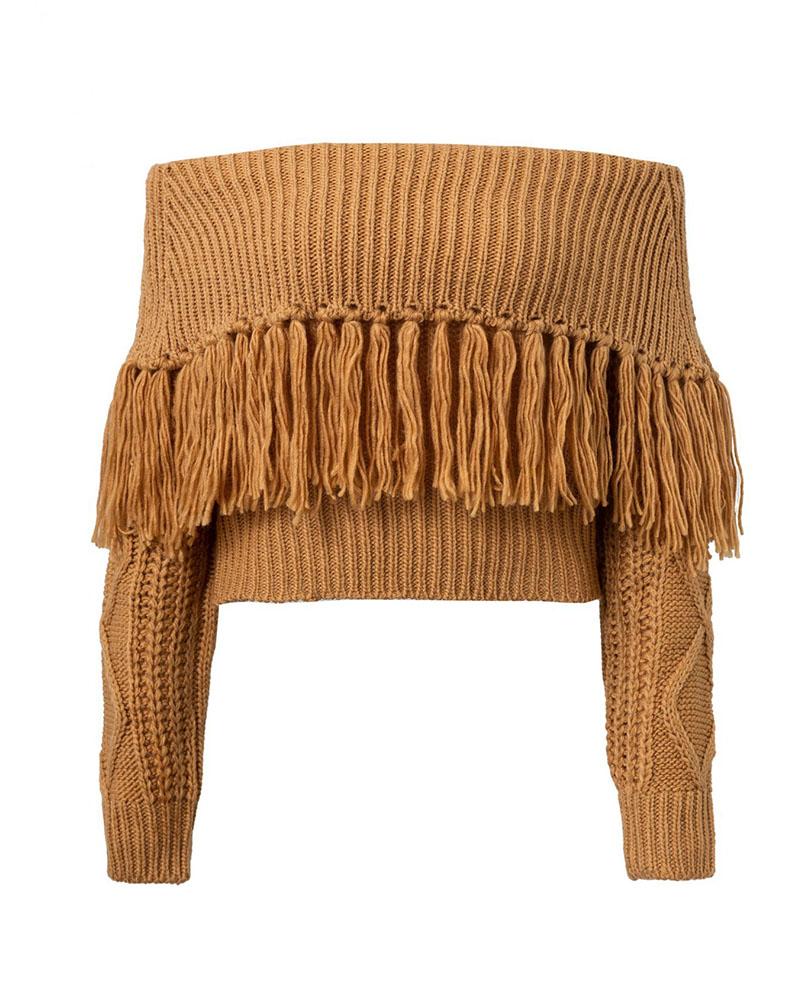 Off Shoulder Fringe Trim Mixed Knit Sweater-Pinkami