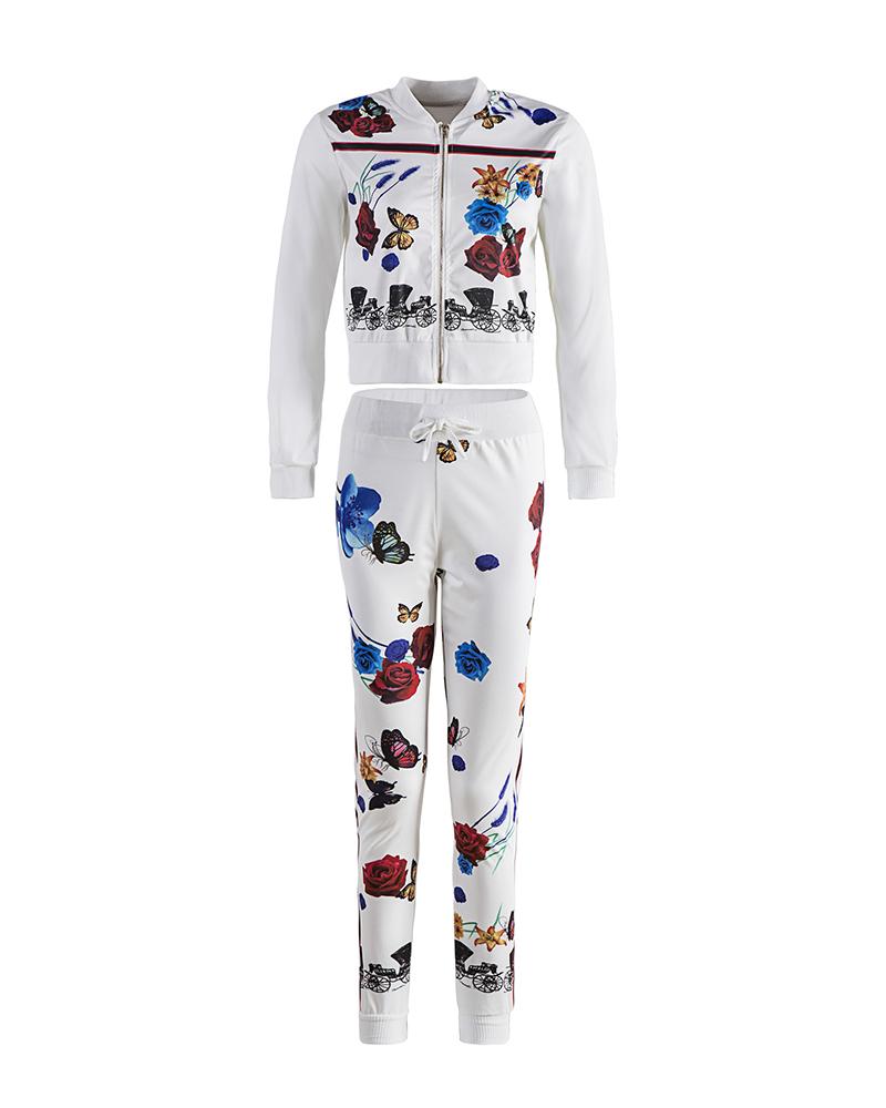 Striped & Butterfly Print Drawstring Waist Zip Up Jacket & Pants Set-Pinkami