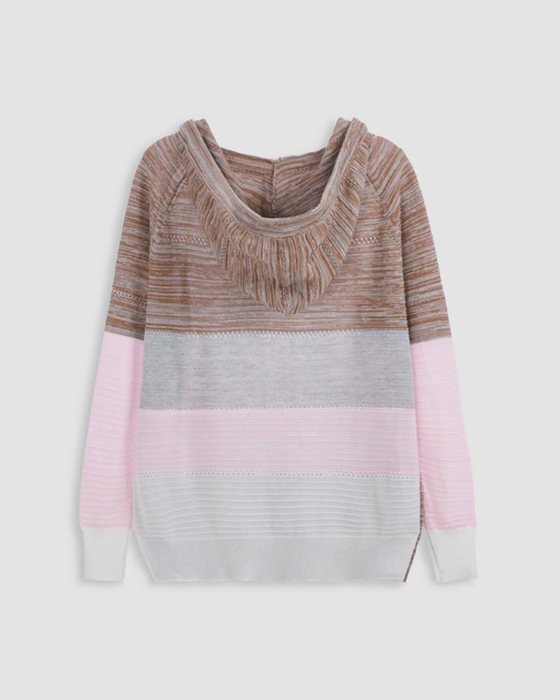 Colorblock Hollow Out Drawstring Hooded Sweater-Pinkami