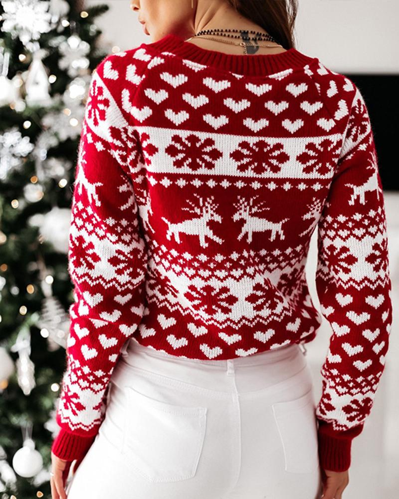 Elk & Snowflake Print Contrast Binding Ribbed Sweater-Pinkami