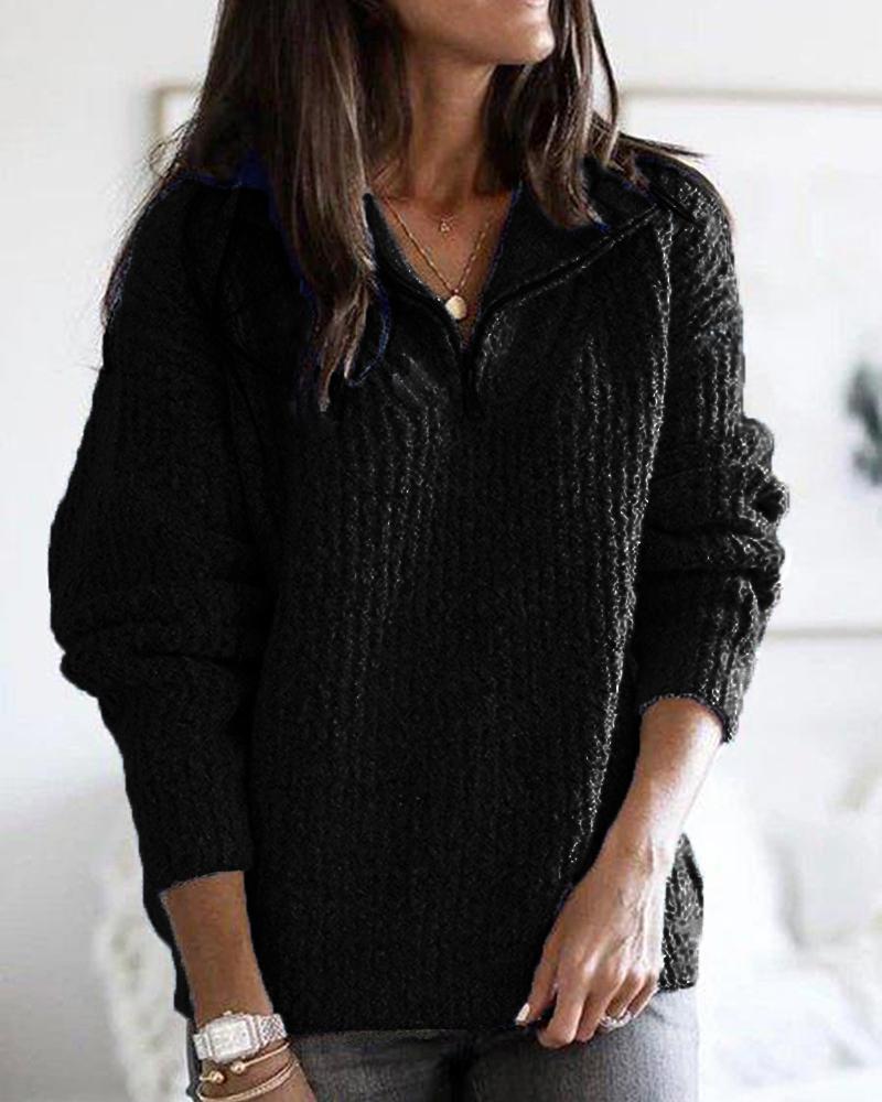 Fuzzy Knit Half Zip Drop Shoulder Sweater-Pinkami