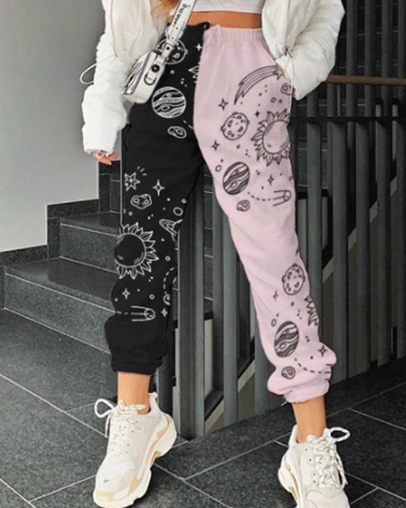 Color Block Slant Pocket Elastic Waist Joggers For Women-Pinkami