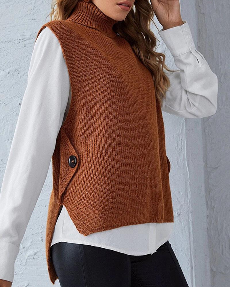 Ribbed Sleeveless High Low Button Detail Sweater-Pinkami