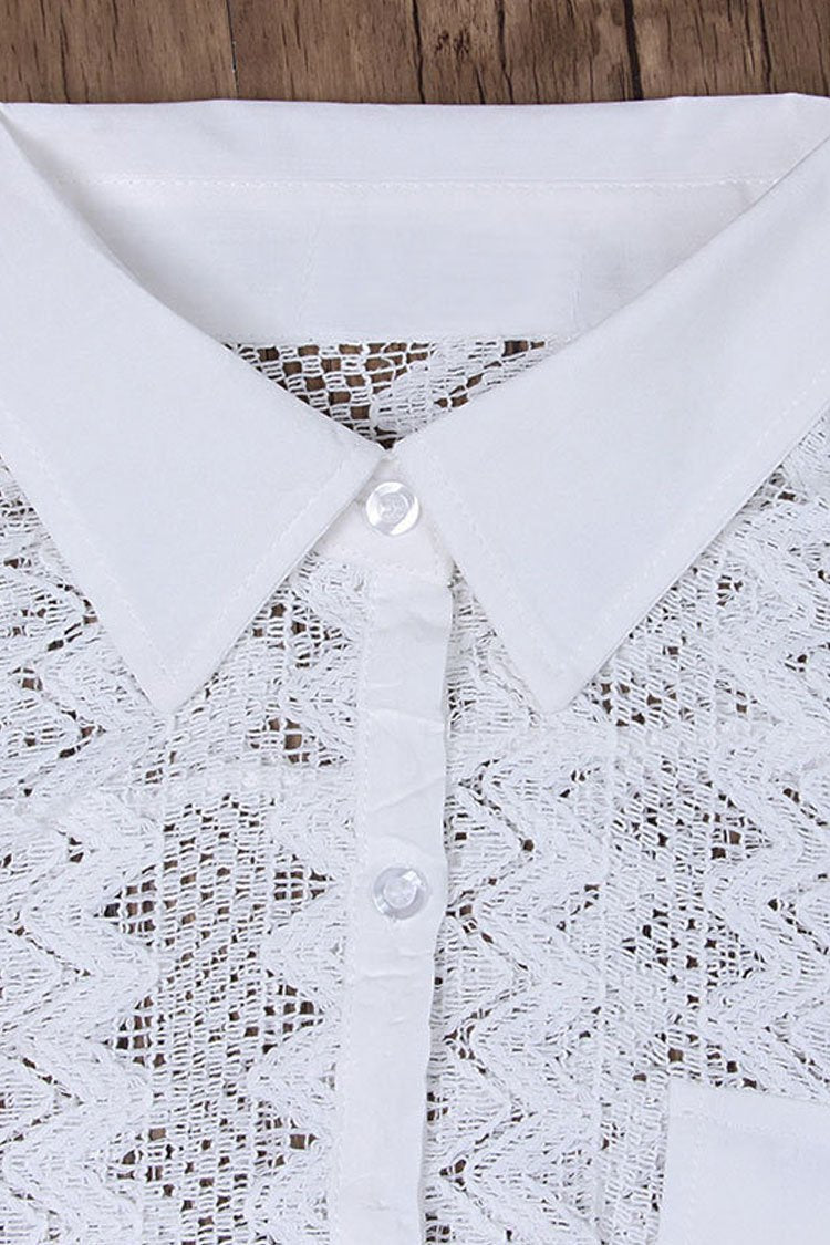 Sleeved Sheer Lace Crochet Cover Up Blouse-Pinkami