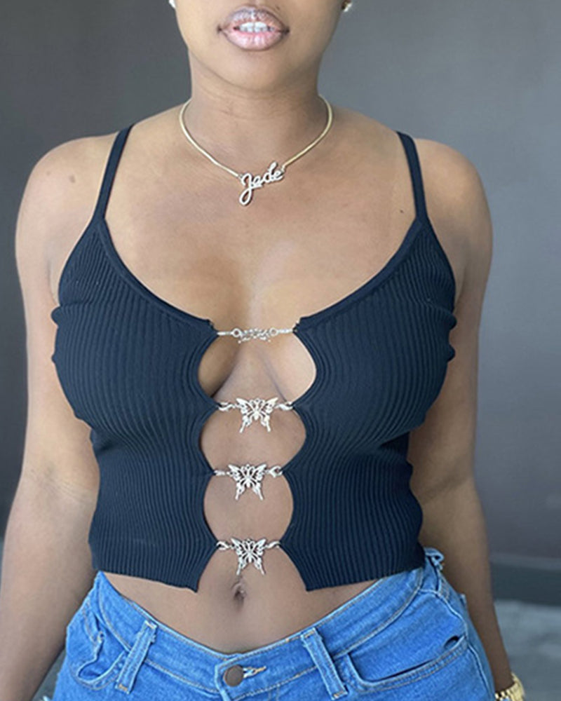 Ribbed Chain Linked Hollow Out Crop Cami Top-Pinkami