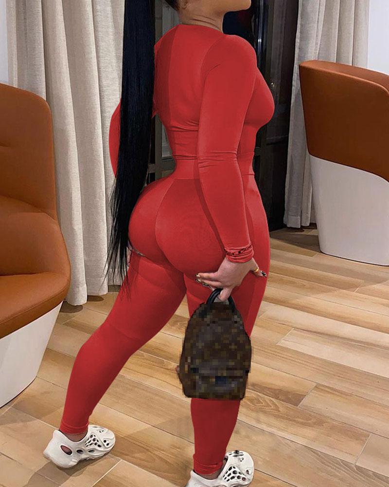 Solid Long Sleeve Scoop Neck Top & Pants Set-Pinkami