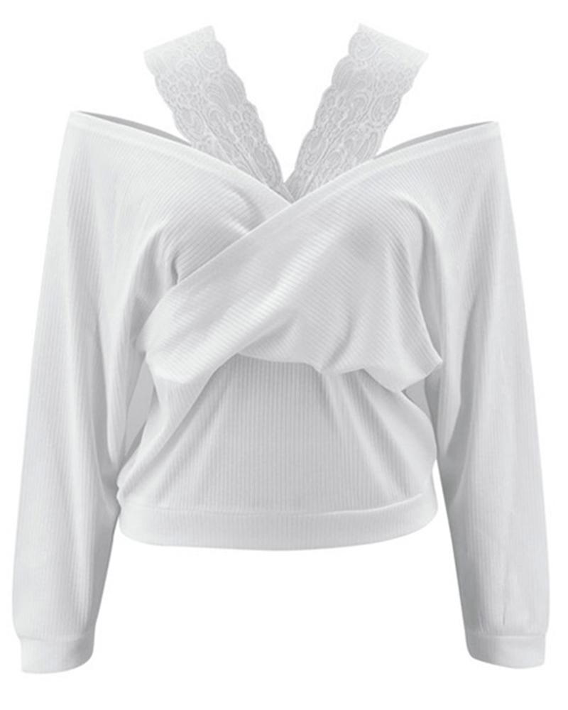 Contrast Lace Cold Shoulder Overlap Rib Knit Sweater-Pinkami