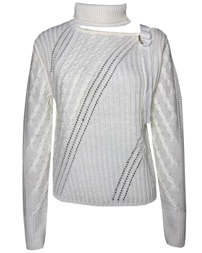 Solid Cable Knit Buckle Cutout Turtleneck Sweater-Pinkami