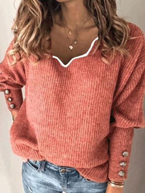 Solid Color Knitted V-neck Loose Sweater-Pinkami