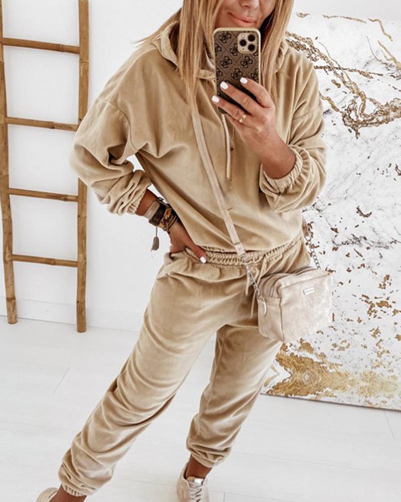 Solid Velvet Drawstring Detail Hoodie & Pants Set-Pinkami