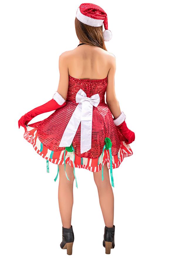 Sexy Strapless Sequined Christmas Santa Costume Dress Red-Pinkami