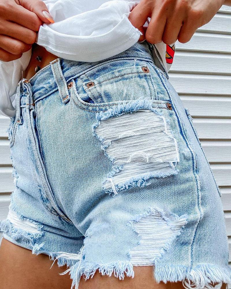 Women Ripped Sunflower & Letter Print Fringe Hem Denim Shorts-Pinkami