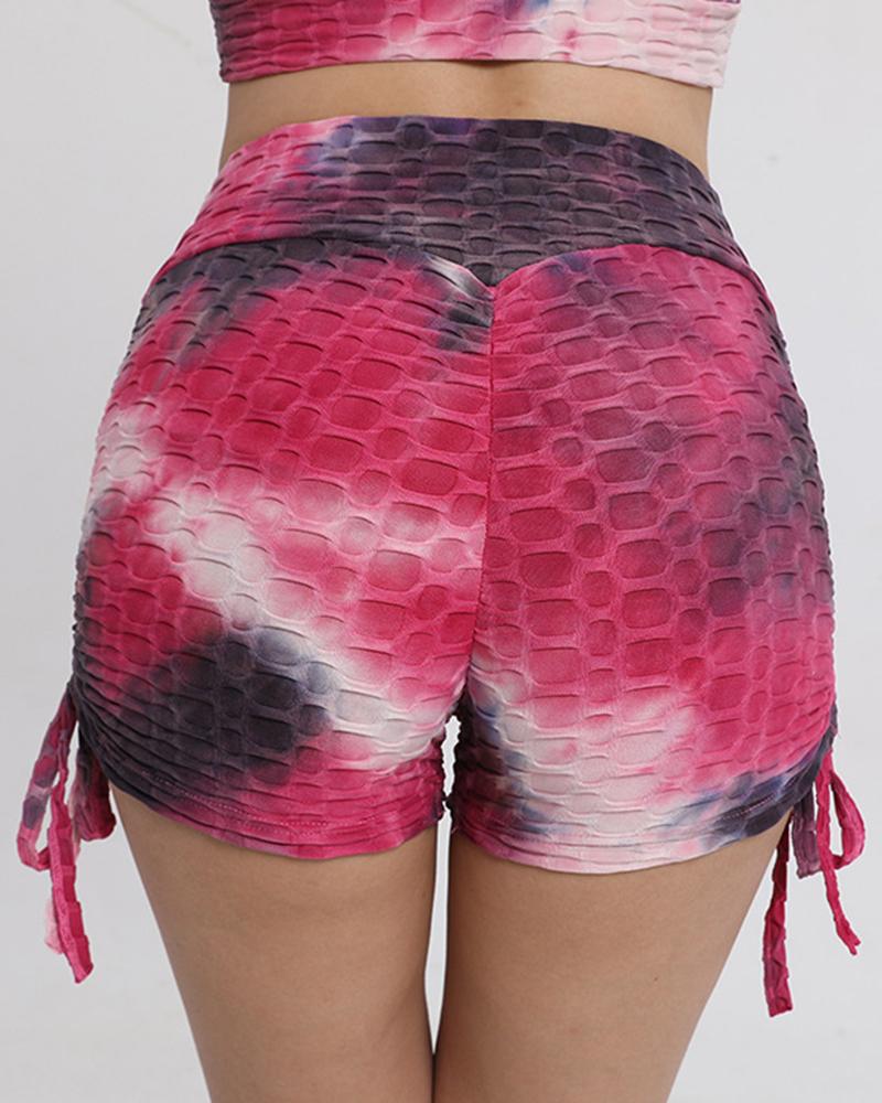 Tie Dye Textured Drawstring Side Butt Lifting High Waist Sports Shorts-Pinkami