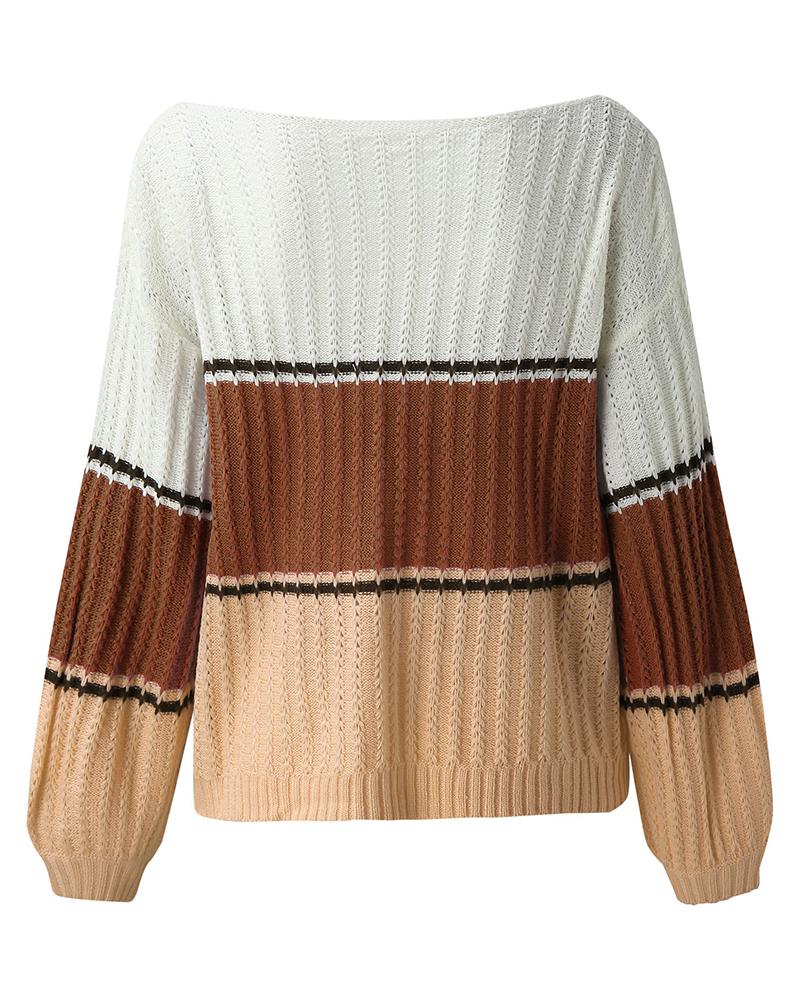 Colorblock Striped Pointelle Knit Boat Neck Sweater-Pinkami