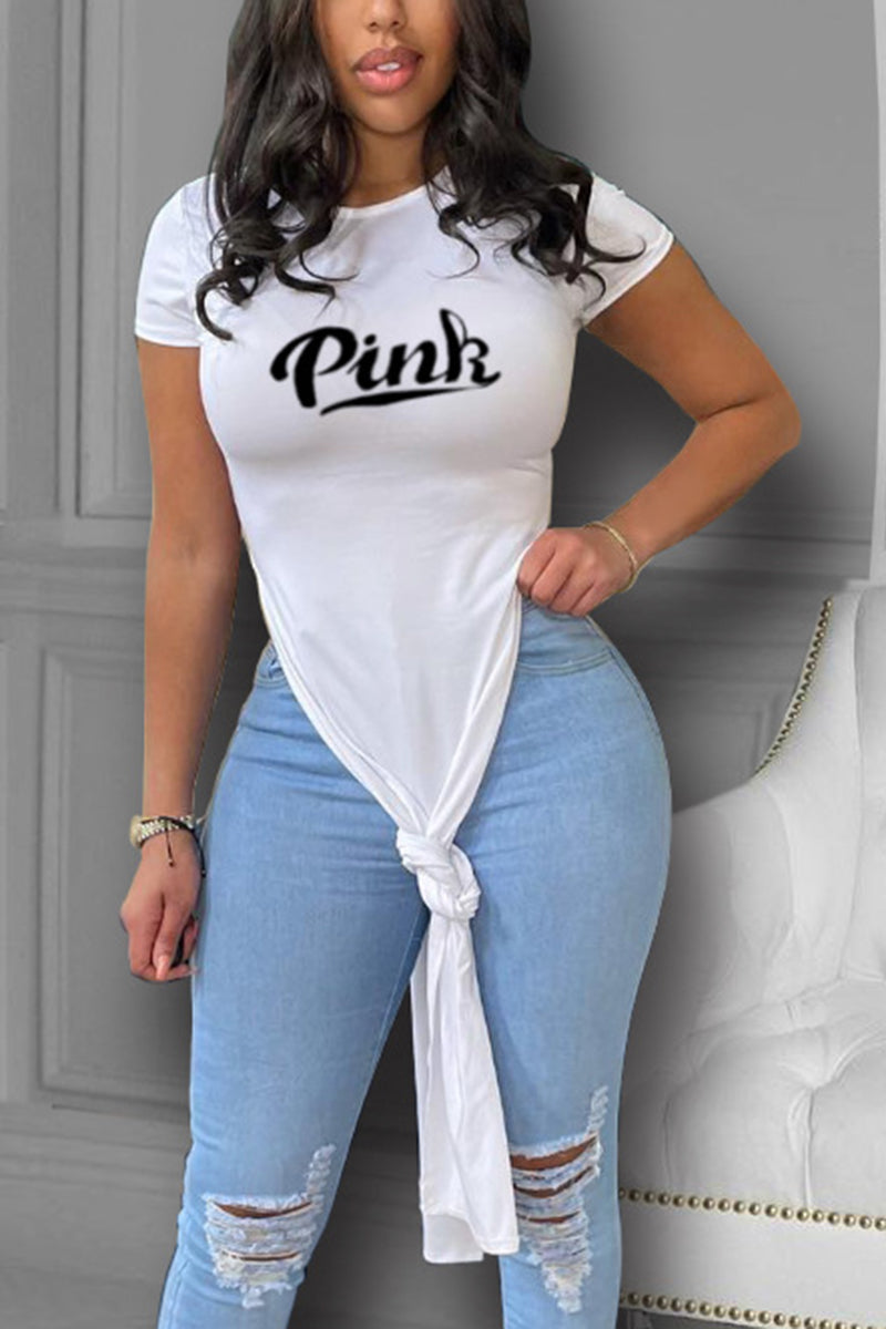 Letter Print Split Side Longline Top-Pinkami