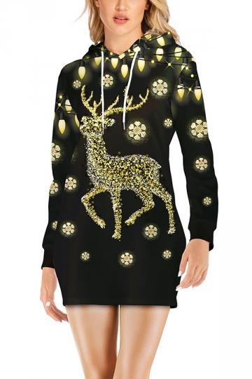 Womens Christmas Reindeer Dress Drawstring Gold-Pinkami