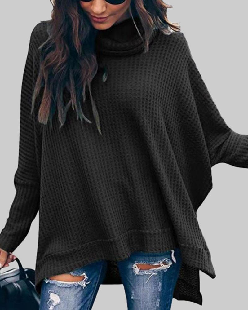 Solid Split Hem High Neck Sweater-Pinkami