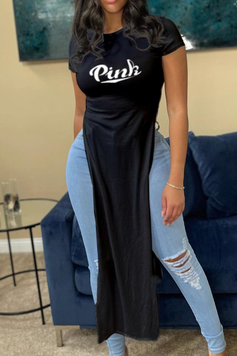 Letter Print Split Side Longline Top-Pinkami