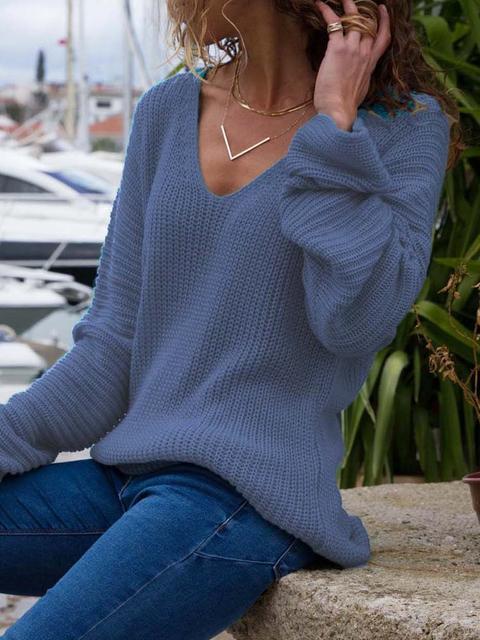 Solid Ribbed V-Neck Lightweight Sweaters-Pinkami