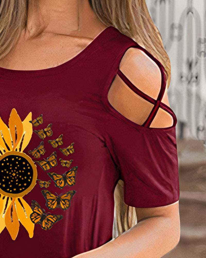 Sunflower Print Cut Out T-Shirt-Pinkami