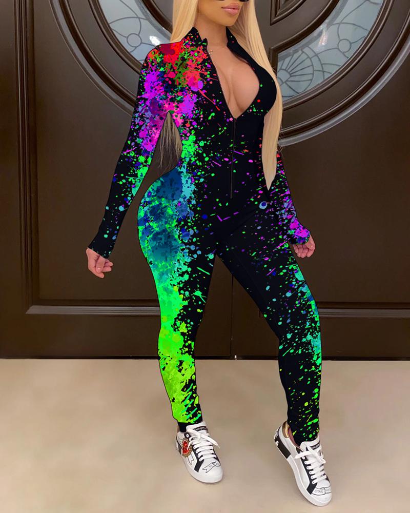Splash Ink Print Zip Up Form Fitting Casual Jumpsuit