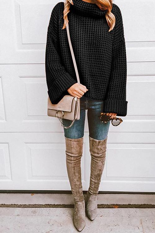 Casual high Neck Long Sleeve Sweater-Pinkami