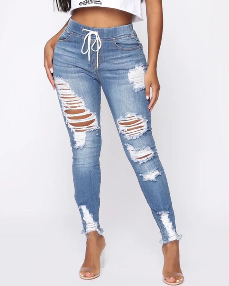 Women Ripped Distressed Drawstring Skinny Jeans-Pinkami