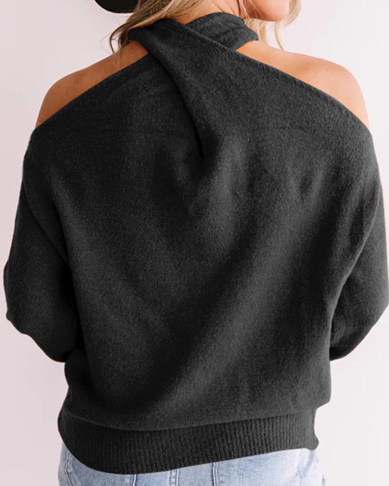 Solid Cold Shoulder Rib Knit Sweater-Pinkami