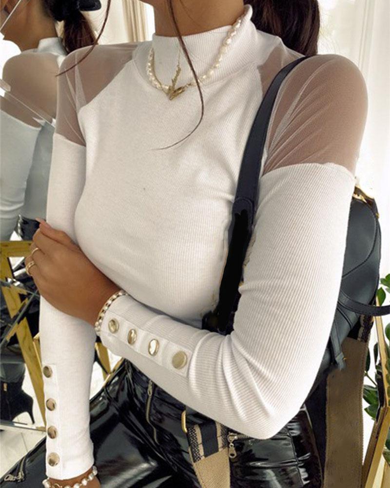 Mock Neck Mesh Insert Button Trim Sweater-Pinkami