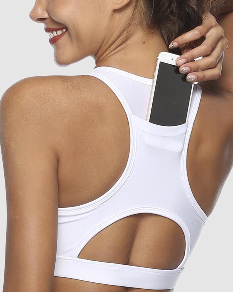 Pocket Decor Cutout Racerback Sports Bra-Pinkami
