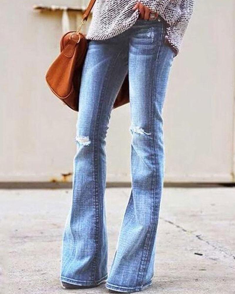 Women Vintage Knee Distressed High Waist Flare Jeans-Pinkami