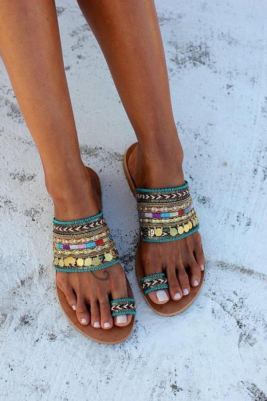 Tassel Toe Ring Boho Woven Flat Slide Sandals-Pinkami