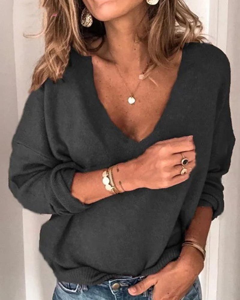 Solid Rib-Knit V Neck Sweater