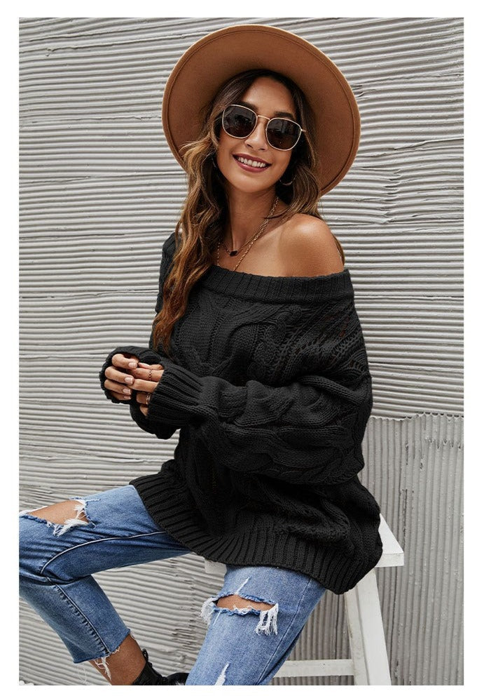 Solid Cable Knit Boat Neck Sweater-Pinkami