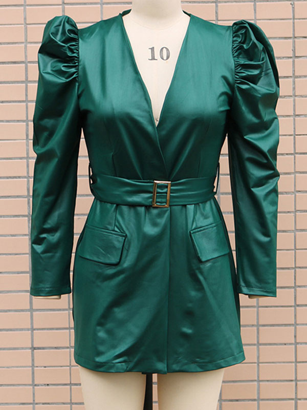 Burgundy Long Sleeves Sash PU Leather Short Mini Dress