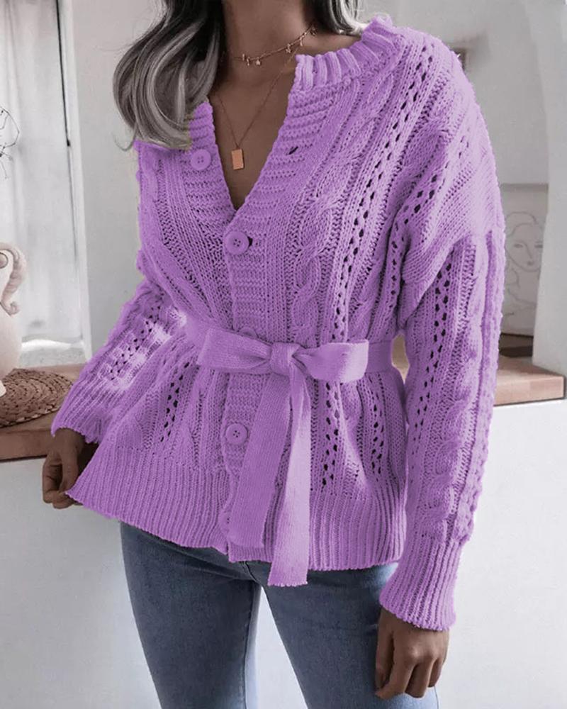 Solid Cable Knit Button Up Self-Tie Sweater-Pinkami