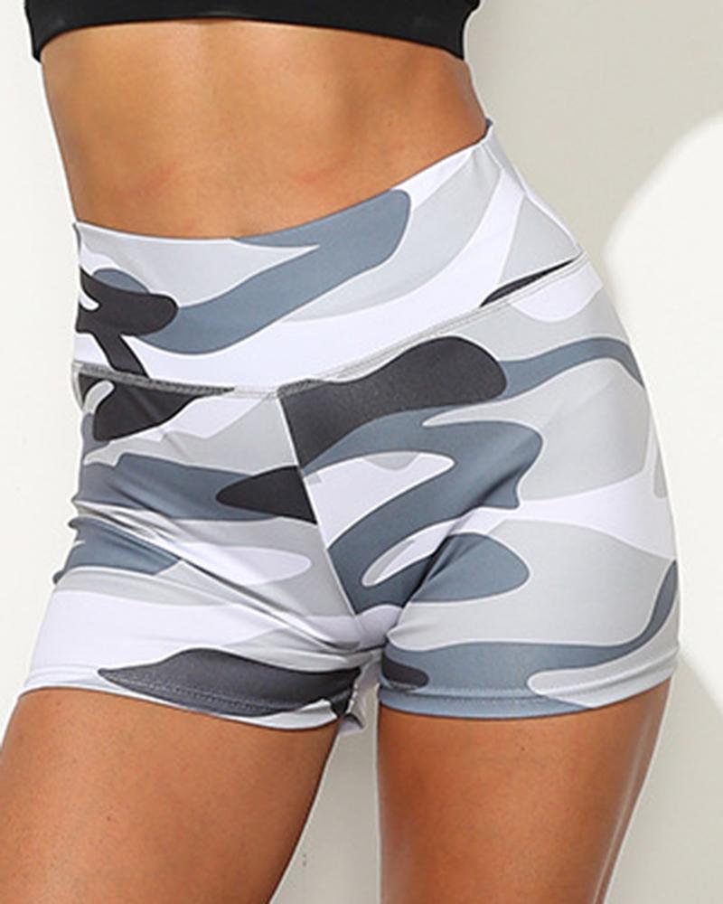 Camo Print Scrunch Butt Wide Waistband Sports Shorts-Pinkami