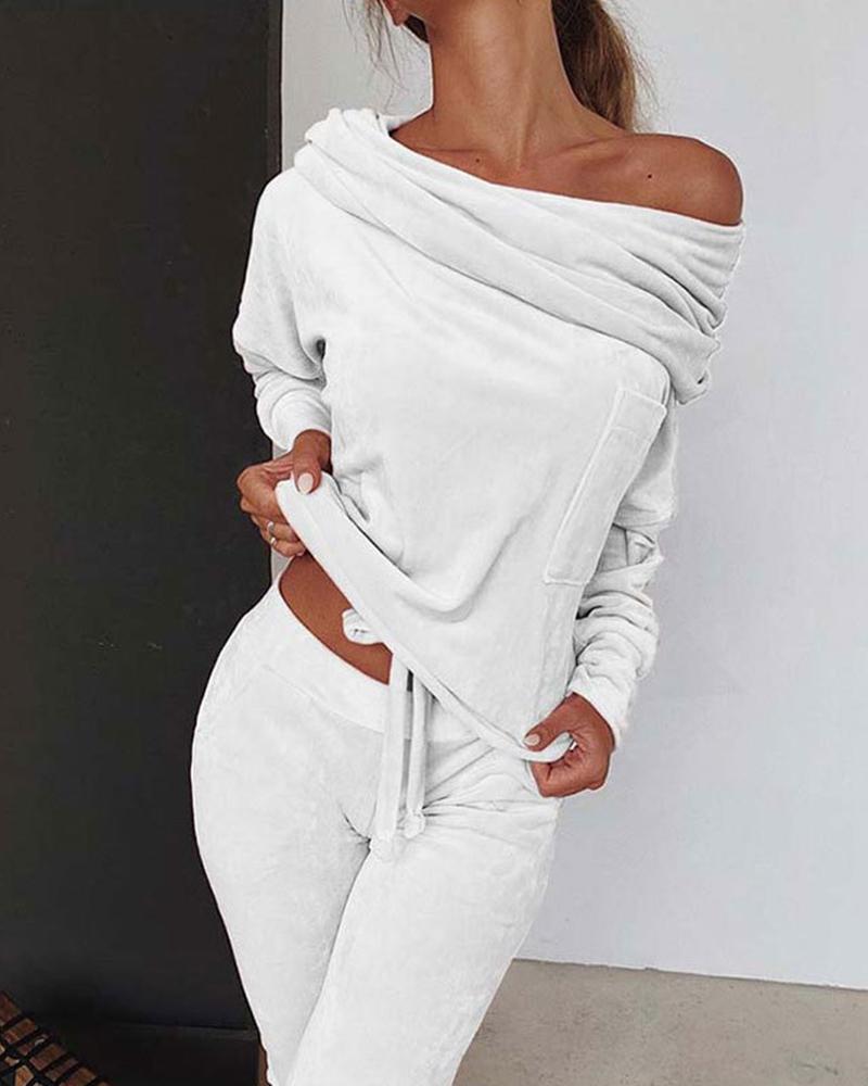 Solid Velvet Drawstring Boat Neck Top & Pants Set-Pinkami