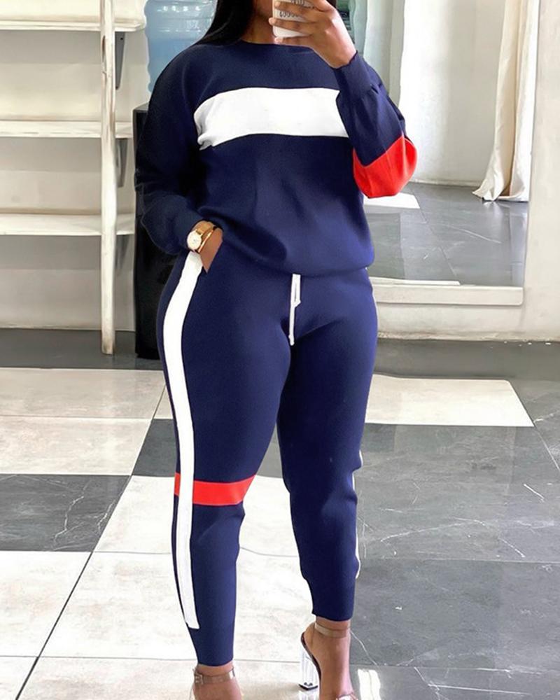 Striped Drawstring Waist Pocket Decor Sweatshirt & Pants Set-Pinkami