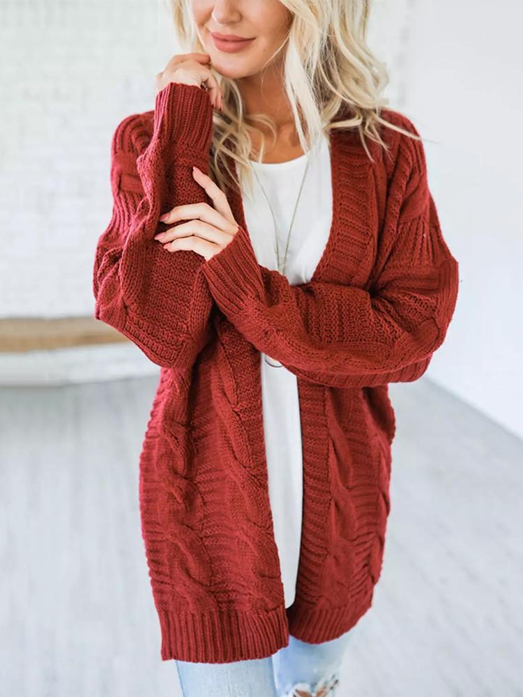 Solid Color Thick Knitting Long Cardigan-Pinkami