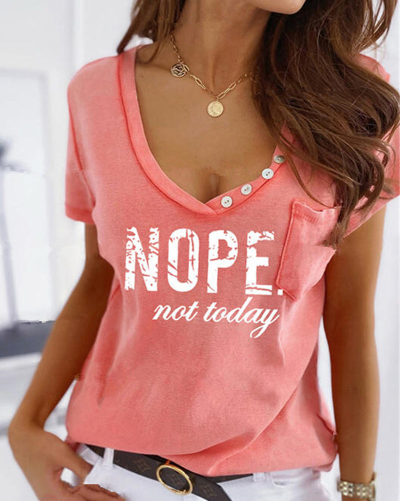 Letter Print Button Decor Patched Pocket T-Shirt-Pinkami