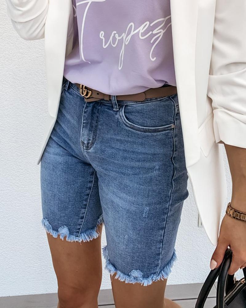 Women Solid Pocket Detail Raw Hem Denim Shorts Without Belt-Pinkami