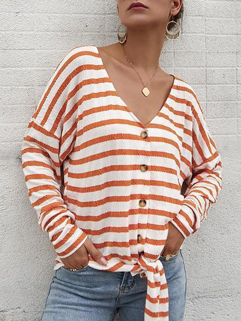 Striped Pattern Button Strap Knit Cardigan-Pinkami