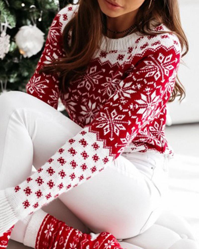 Snowflake Print Rib-Knit Round Neck Sweater-Pinkami