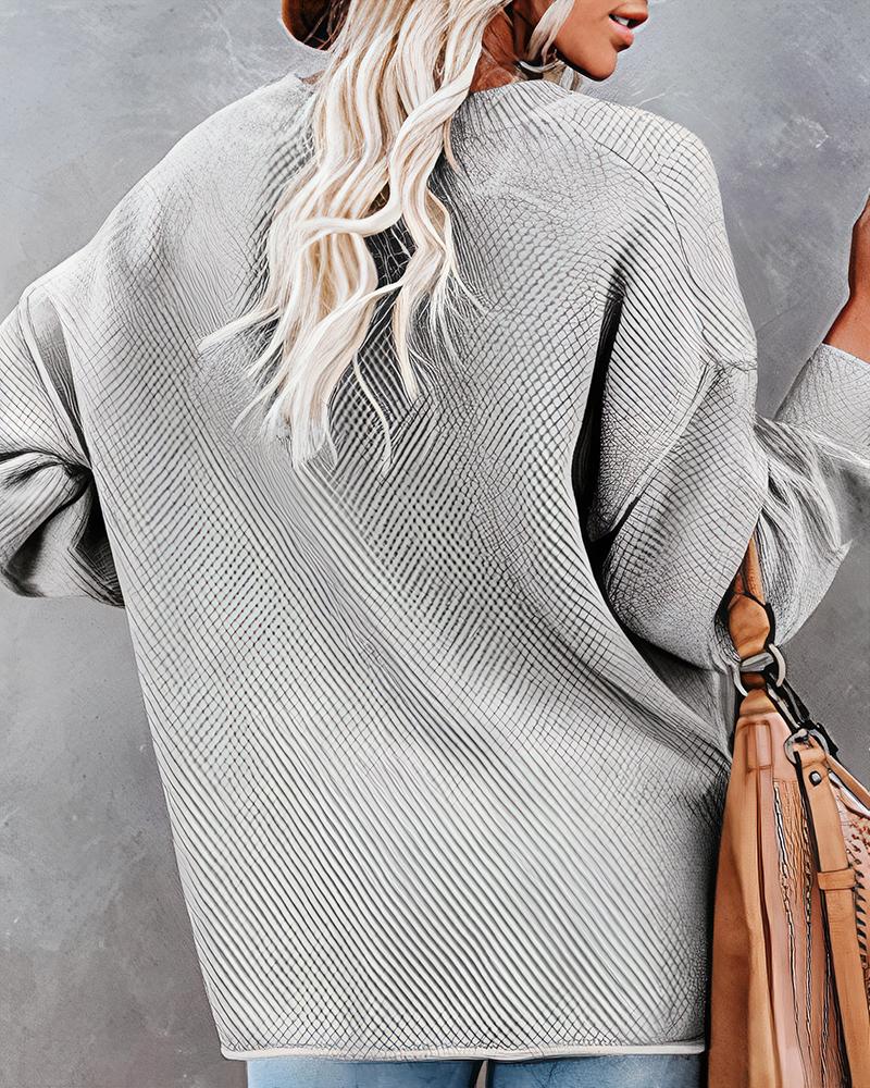 Solid Waffle Knit Topstitching Split Hem Button Detail Sweater-Pinkami