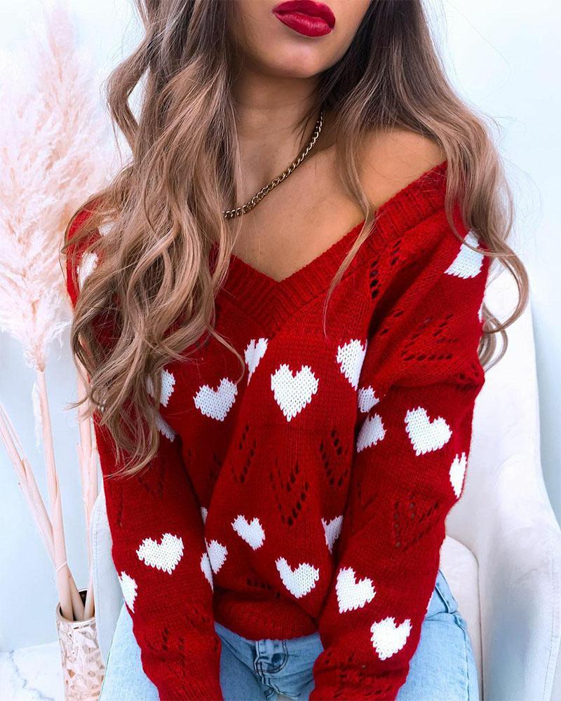 Heart Print Pointelle Knit Drop Shoulder Sweater-Pinkami